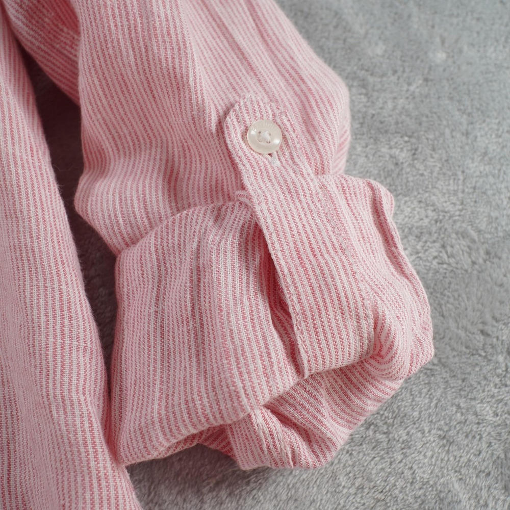 Barbour Linen Button Up Shirt Womens 6 Pink Collared Roll Tab Striped Casual - Picture 4 of 16